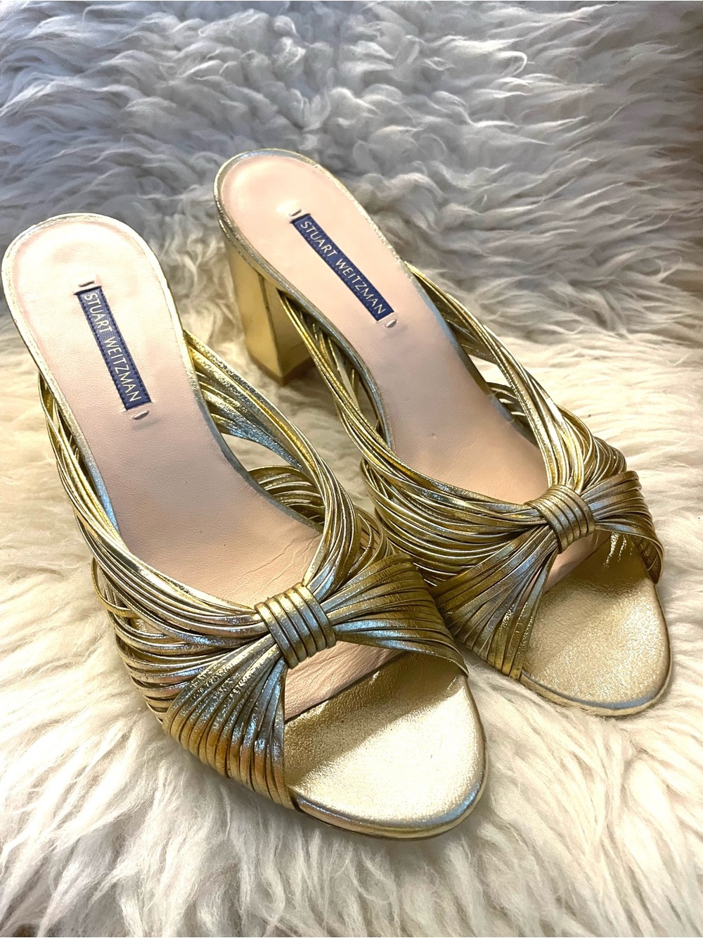Stuart Weitzman Gold Strappy Sandals Mules Heels 9